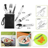 Foldable cutlery from 12Pcs Camping Cookware Set with locking mechanism. Compact and convenient for outdoor meals and camping trips.