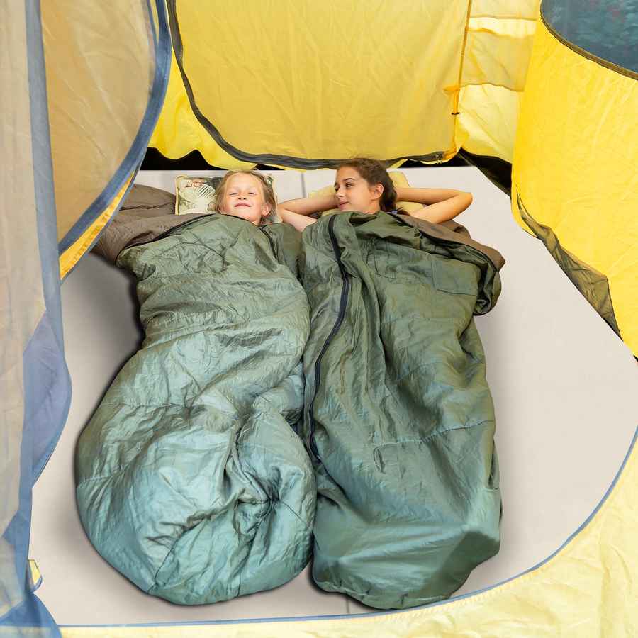 Two people lying in green sleeping bags inside a yellow tent.