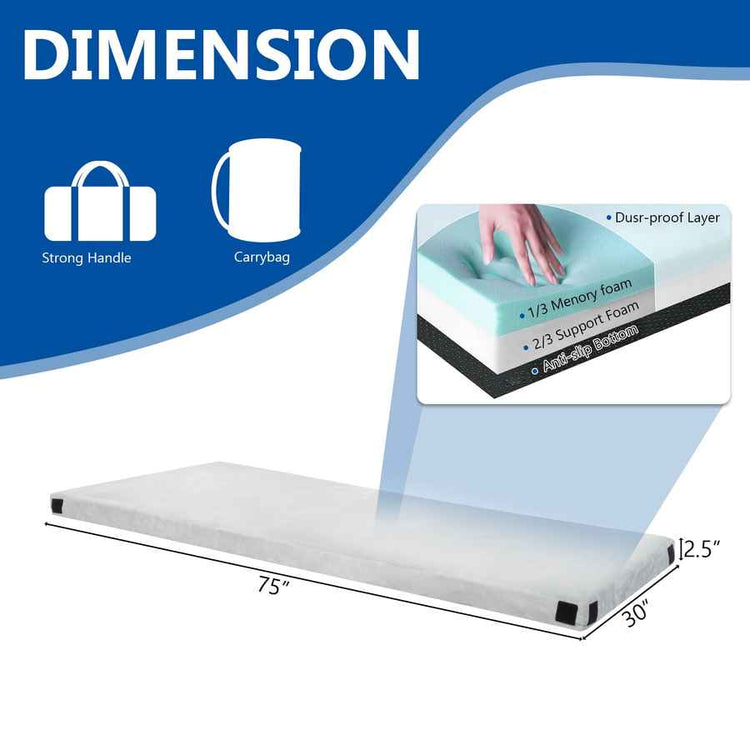 Mattress topper with dimensions and features on a blue and white background