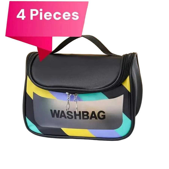 4-Piece Women's Multi-Functional Cosmetic Bag with large capacity and travel-friendly for storing makeup brushes and toiletries. It has a wet/dry separation design