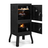 Black metal barbecue smoker with open doors on a white background