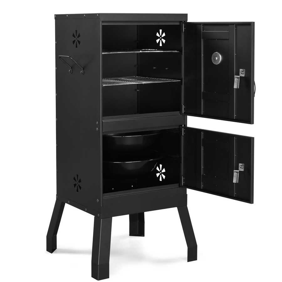 Black metal cabinet with open doors on a white background