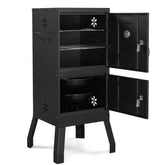 Black metal cabinet with open doors on a white background