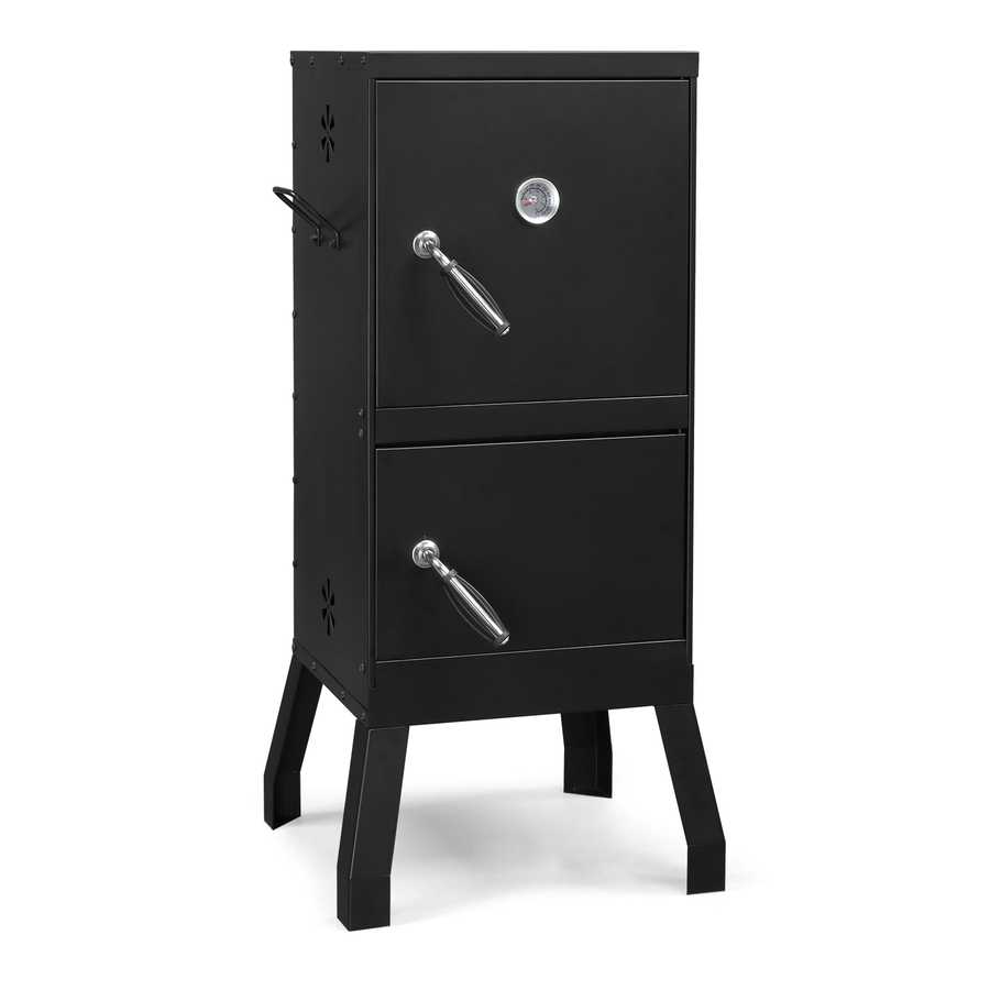 Black vertical smoker with two doors on a white background