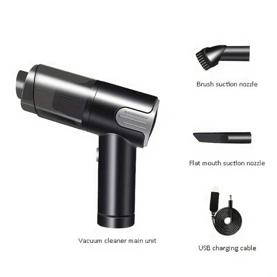 Portable Wireless Car Vacuum Cleaner with USB charging, brush and flat suction nozzles, and cable for versatile home and car use.