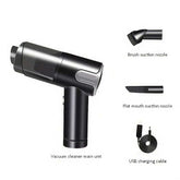 Portable Wireless Car Vacuum Cleaner with USB charging, brush and flat suction nozzles, and cable for versatile home and car use.
