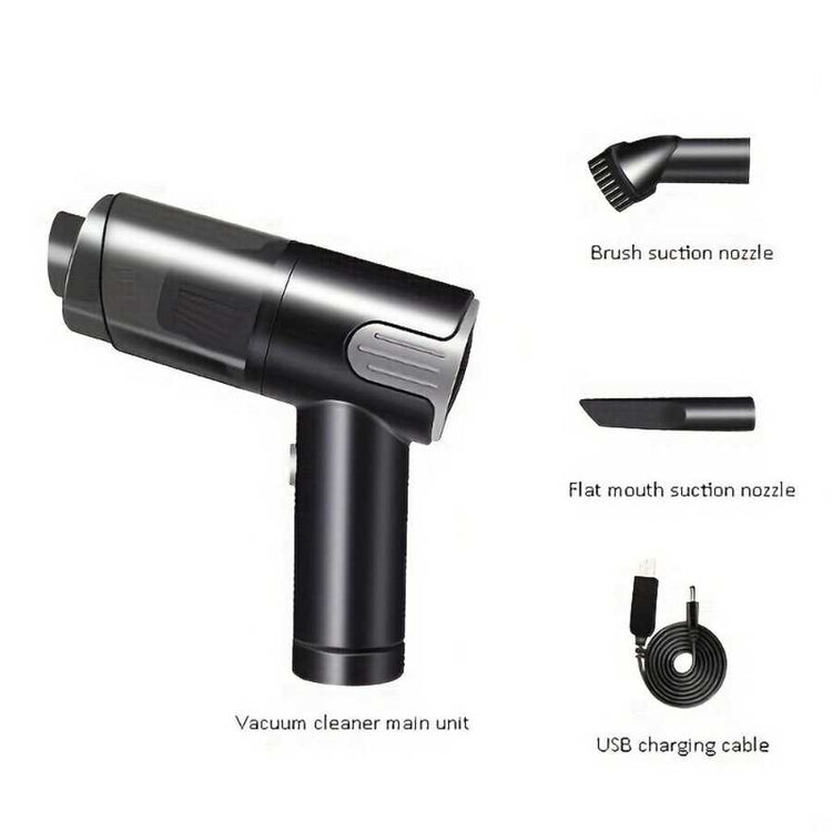 Portable Wireless Car Vacuum Cleaner with USB charging, brush and flat suction nozzles, and cable for versatile home and car use.