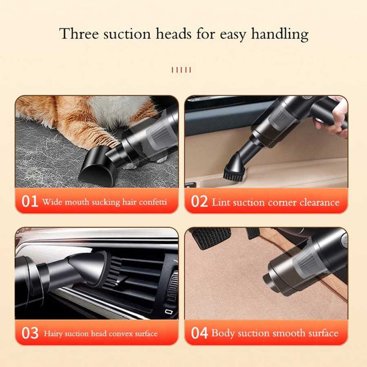 Wireless Car Vacuum Cleaner with three suction heads for pet hair, car interiors, and smooth surfaces, ideal for home and car cleaning.