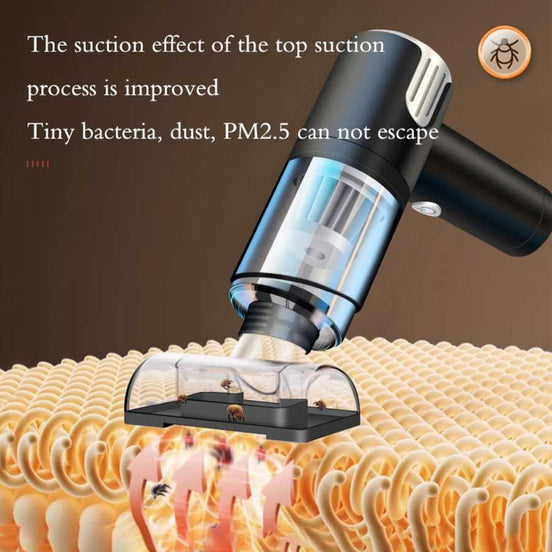 Wireless Car Vacuum Cleaner with USB charging shown removing dust and bacteria from fabric surface using powerful suction technology.