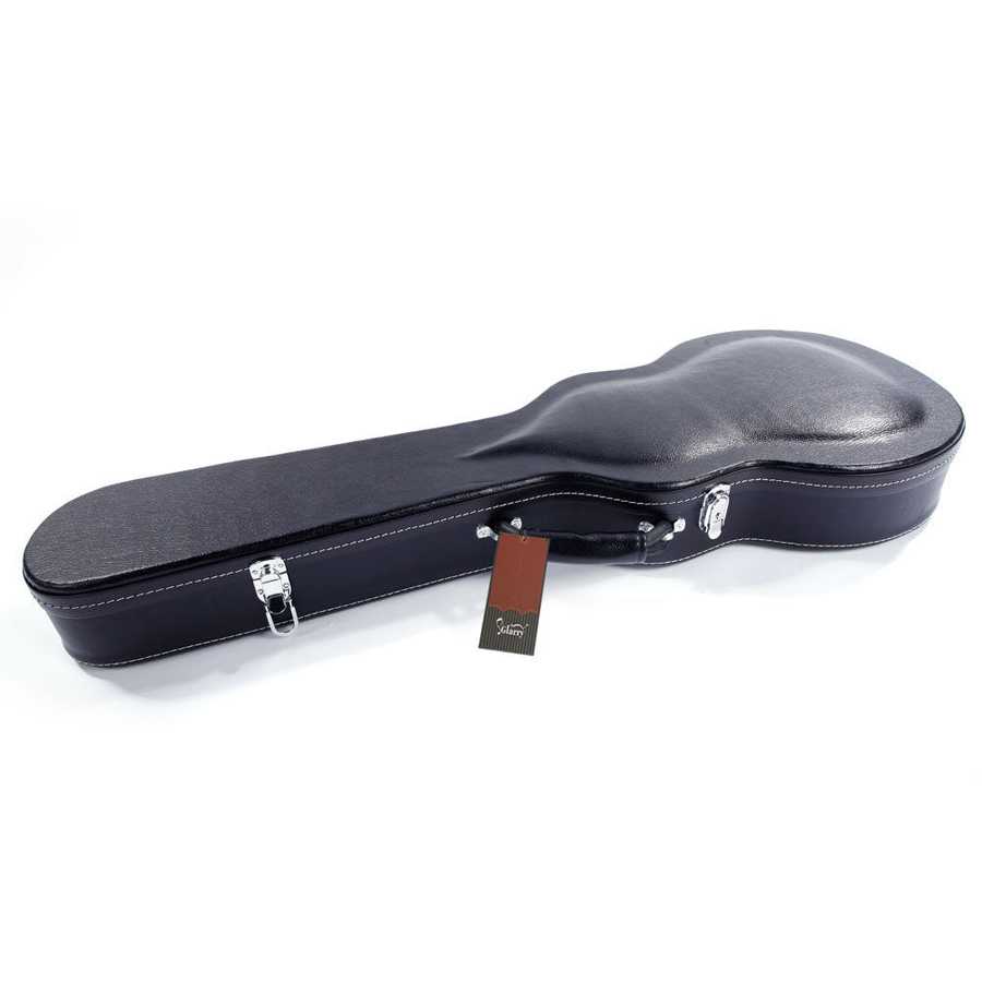 Black guitar case with a brand tag on a white background