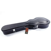 Black guitar case with a brand tag on a white background