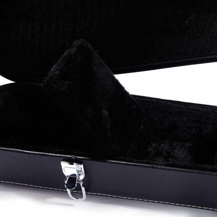 Black guitar case with a zipper on a white background