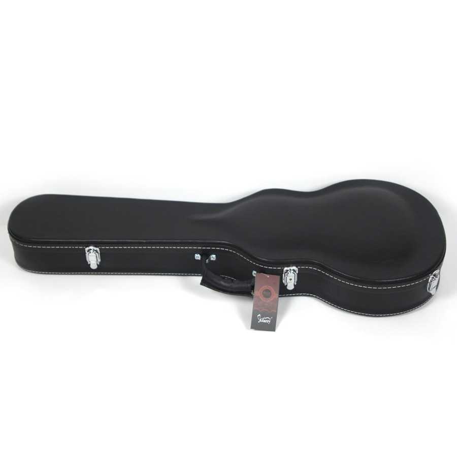 Black guitar case on a white background