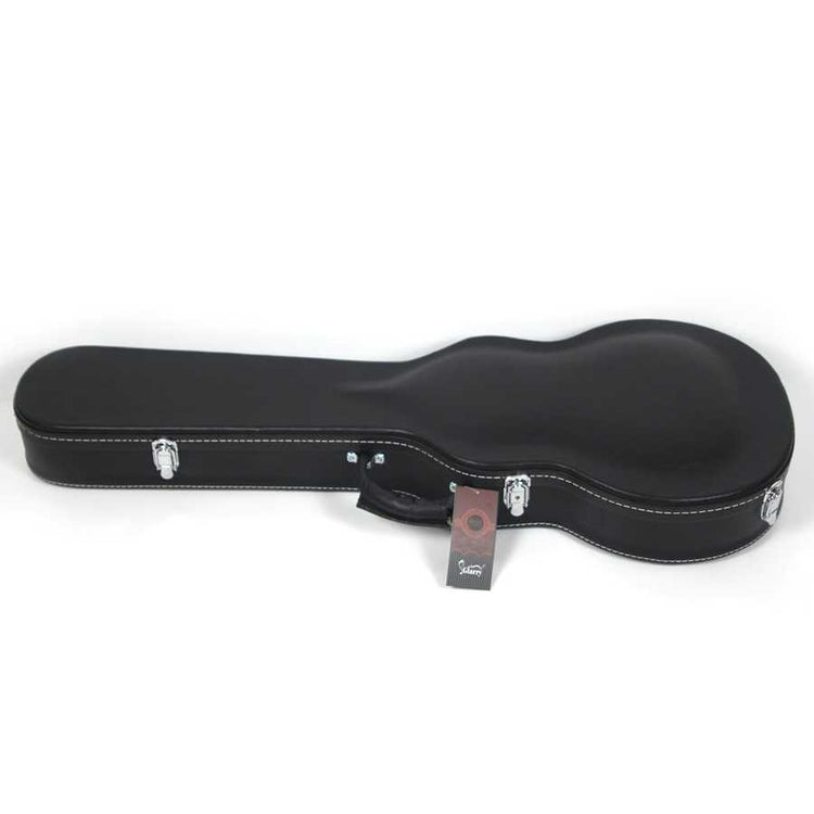 Black guitar case on a white background