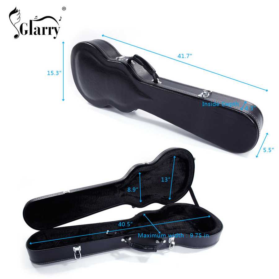 Black guitar case with measurements on a white background, featuring the Glarry brand.