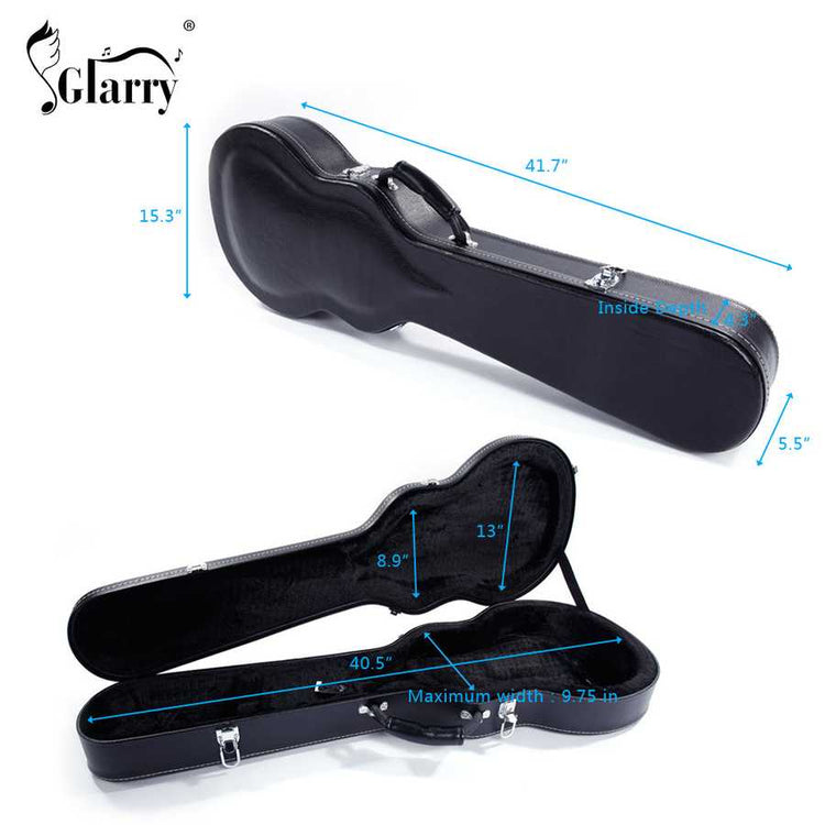 Black guitar case with measurements on a white background, featuring the Glarry brand.