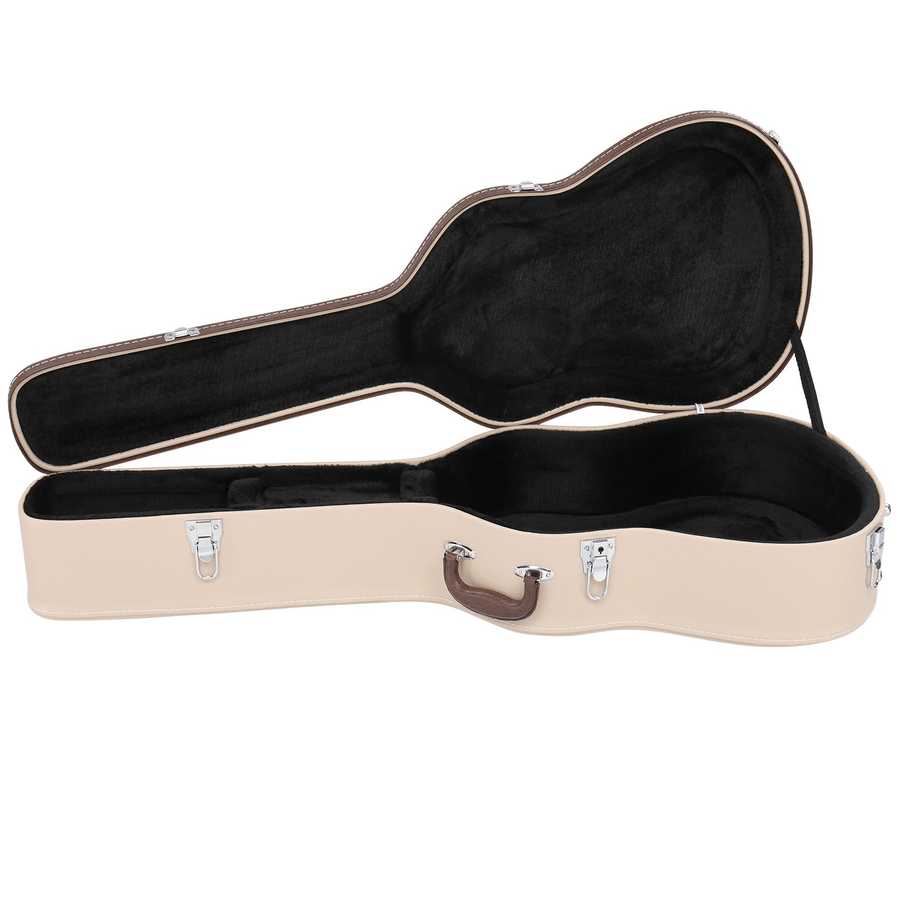 Beige guitar case with black interior on a white background