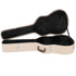 Beige guitar case with black interior on a white background