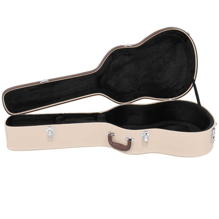 Beige guitar case with black interior on a white background