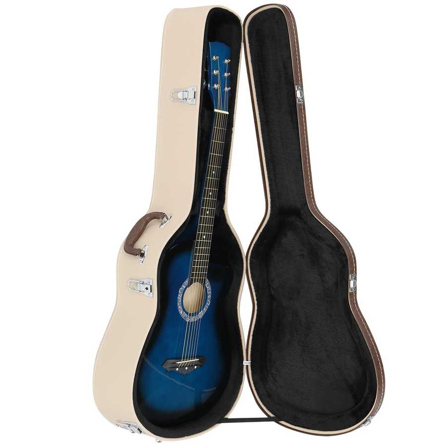Blue guitar inside an open beige and black guitar case on a white background