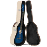 Blue guitar inside an open beige and black guitar case on a white background