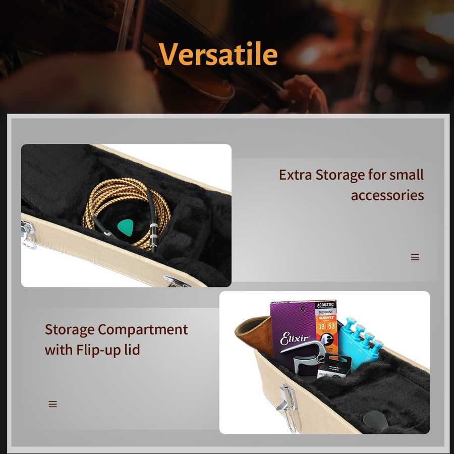 Guitar case with storage compartment and accessories, labeled &