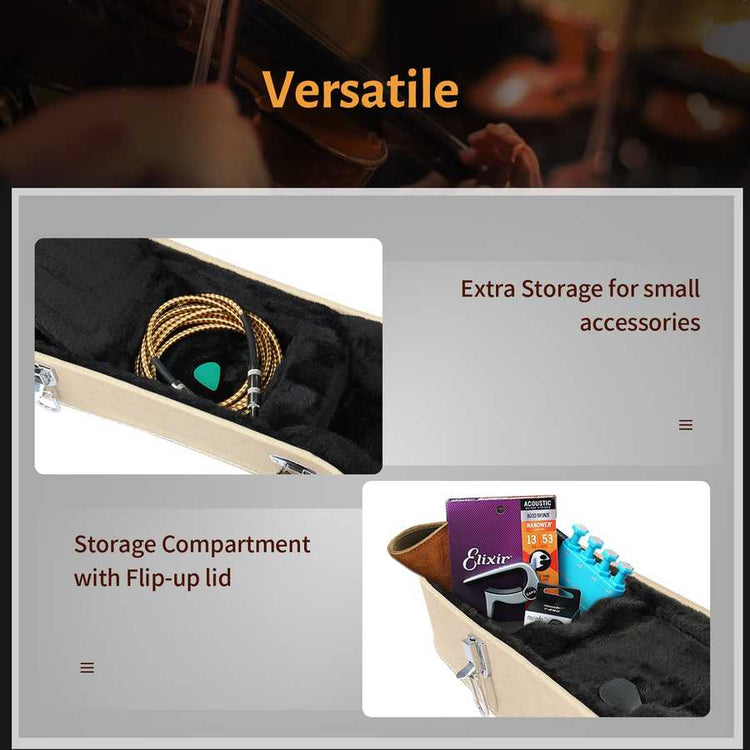 Guitar case with storage compartment and accessories, labeled &
