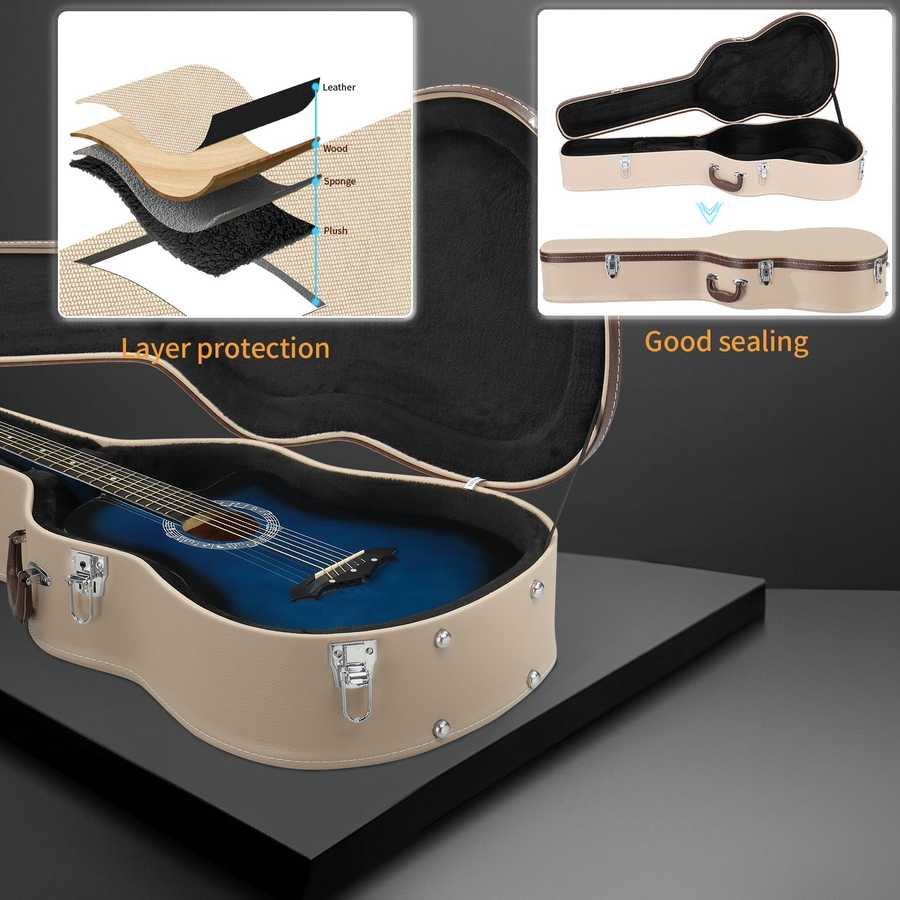 Guitar case with interior details and layer protection features on a gray background