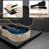 Guitar case with interior details and layer protection features on a gray background