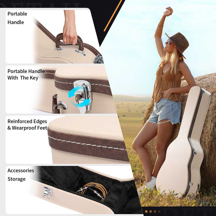 Guitar case with features highlighted and a person holding a guitar case outdoors.