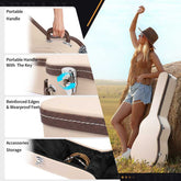 Guitar case with features highlighted and a person holding a guitar case outdoors.