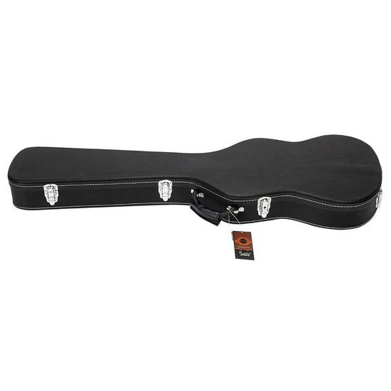 Black guitar case with a brand label on a white background