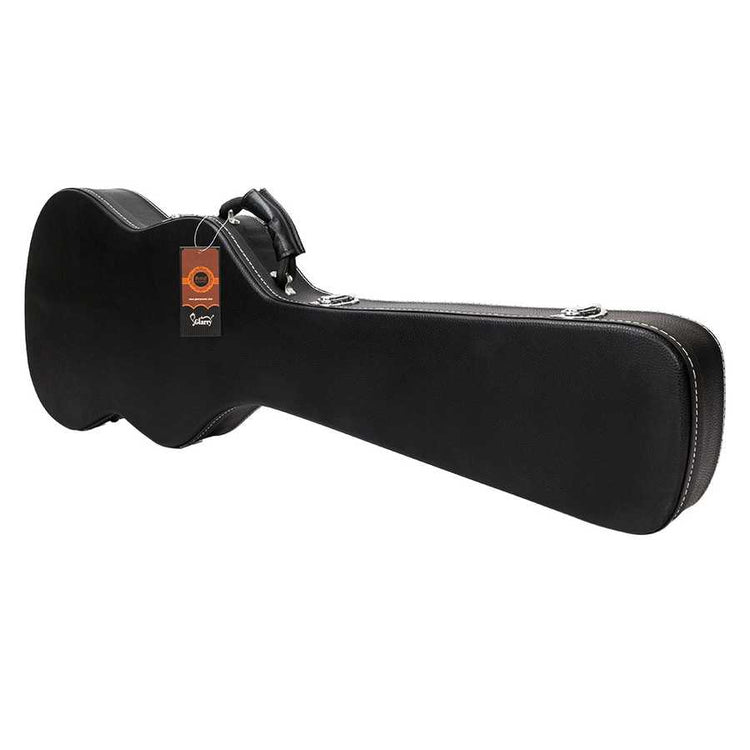 Black guitar case with a visible brand logo on a white background