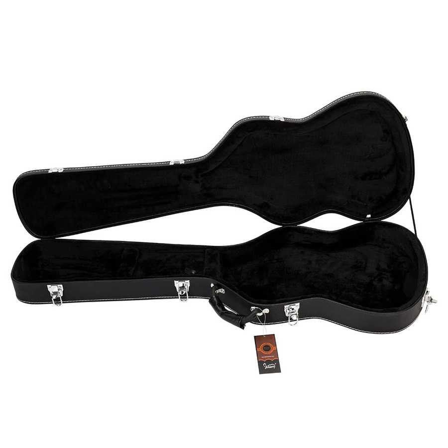 Black guitar case with a visible brand label on a white background
