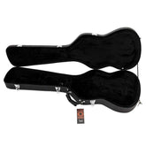 Black guitar case with a visible brand logo on a white background