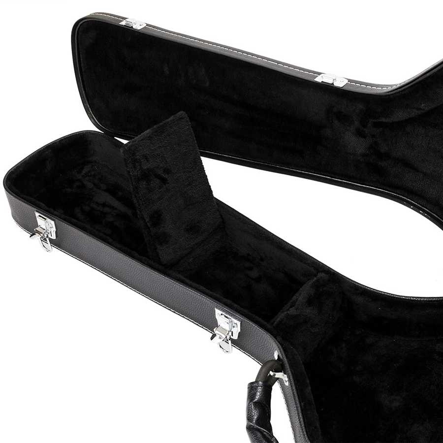Black guitar case with open lid on a white background