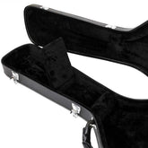 Black guitar case with open lid on a white background