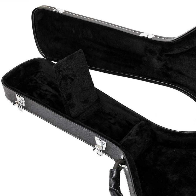 Black guitar case with open lid on a white background