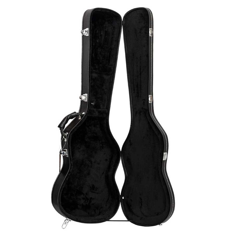 Black guitar case on a white background