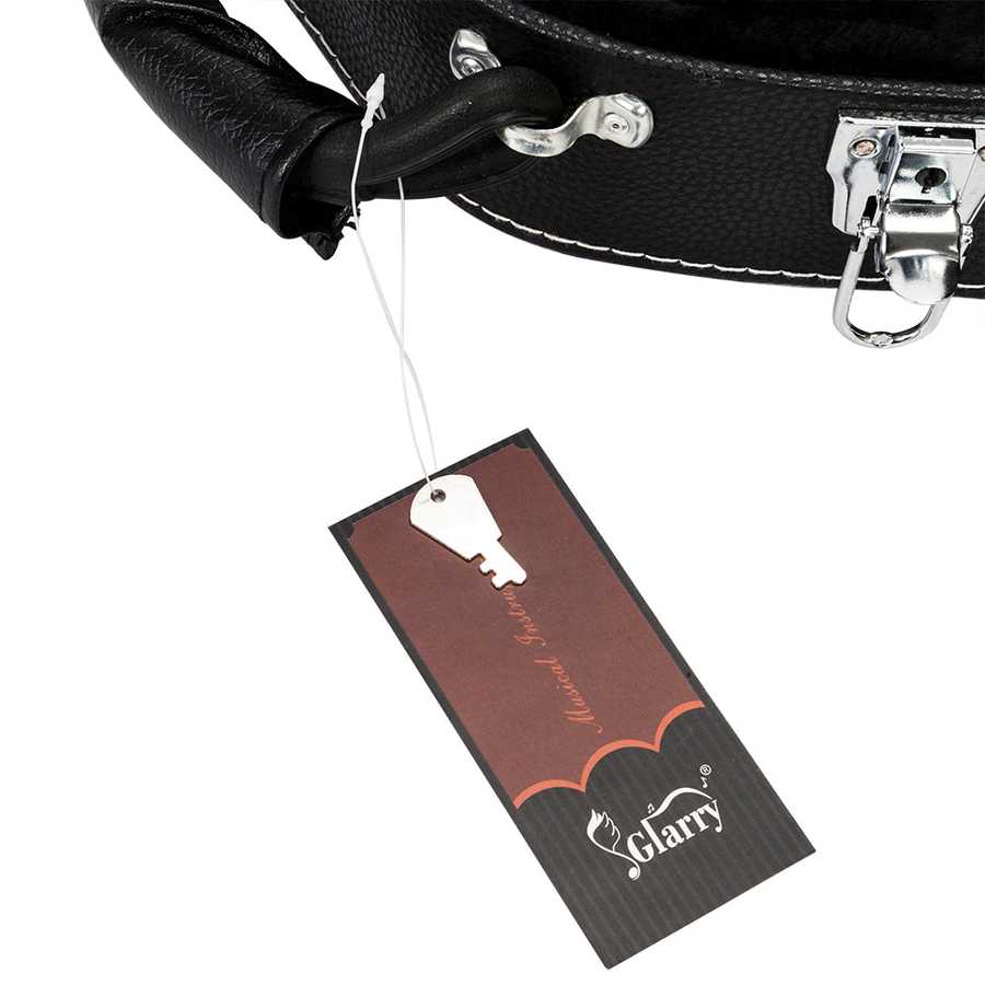 Close-up of a black violin case with a Glarry brand tag hanging from it.