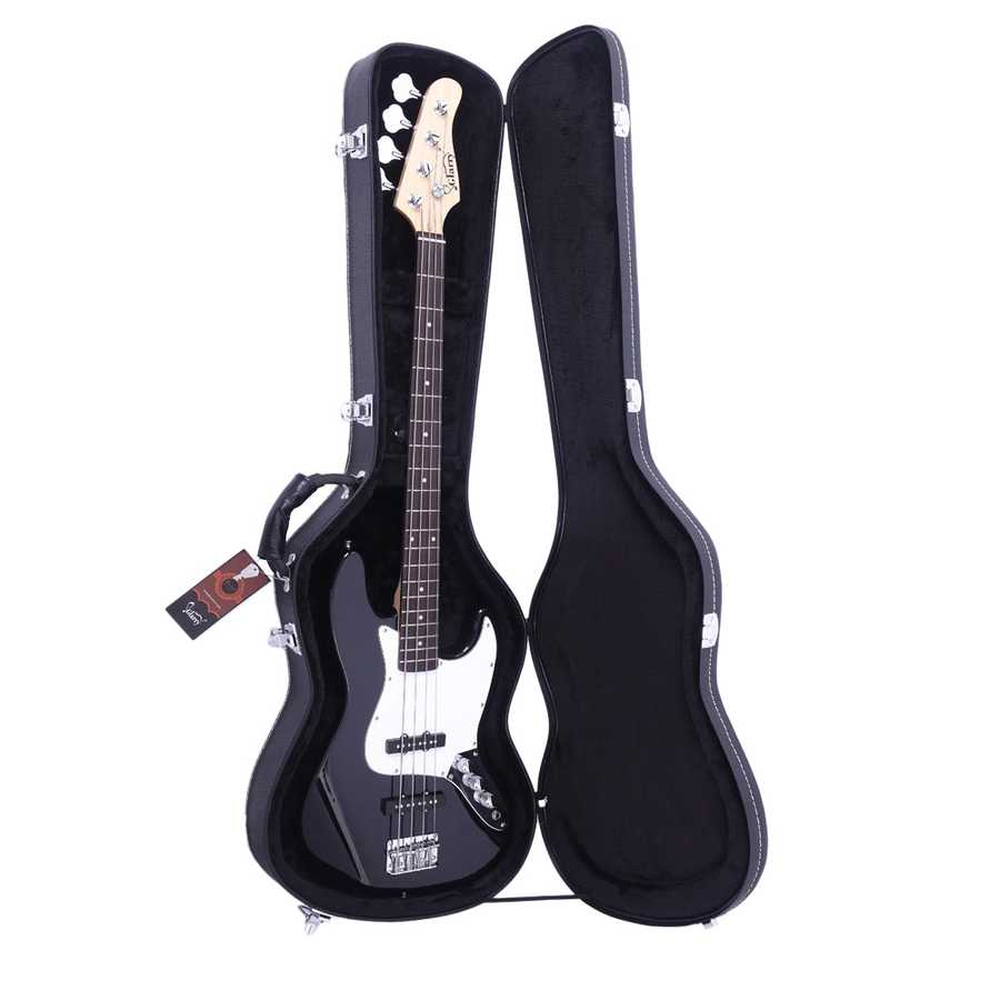 Black electric guitar with open case on a white background