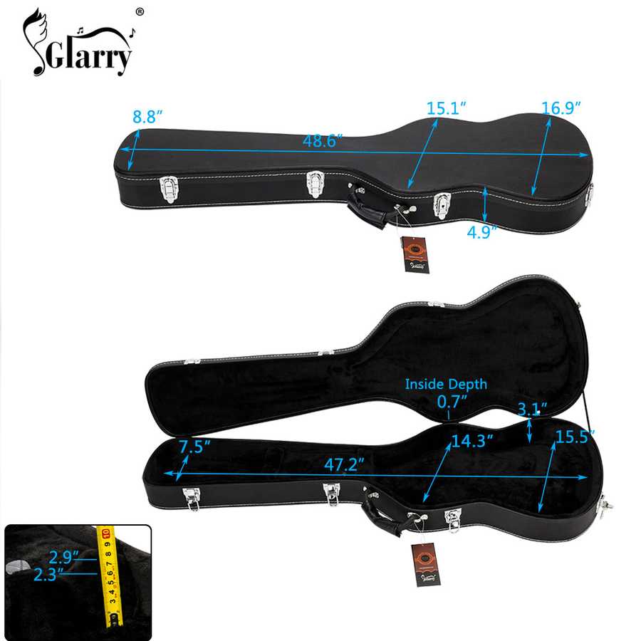 Black guitar case with measurements on a white background, featuring the Glarry brand.