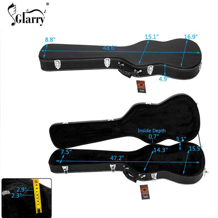 Black guitar case with measurements on a white background, featuring the Glarry brand.