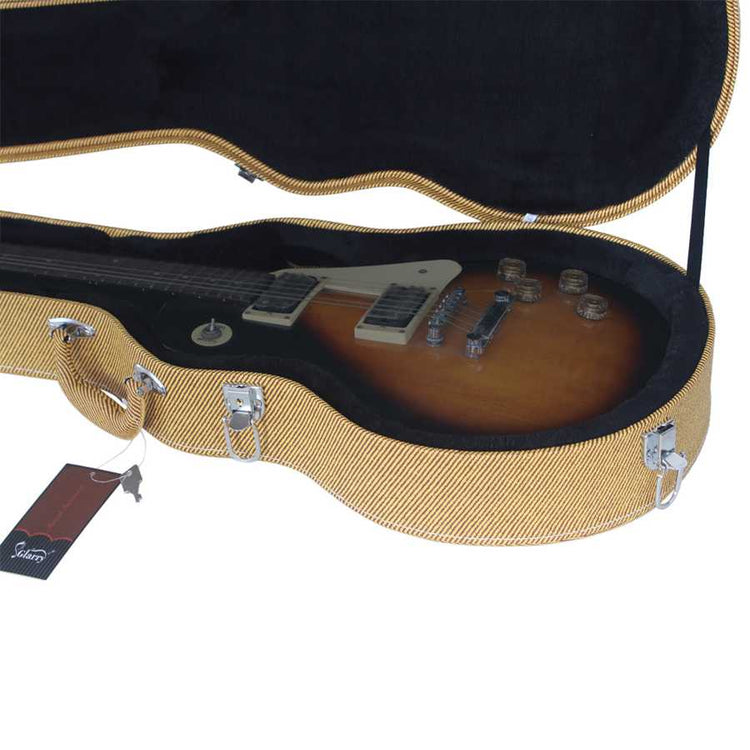 Guitar in a case with a visible brand tag on a white background