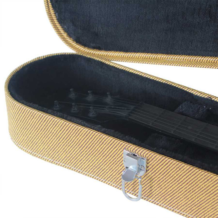 Open beige guitar case with a black interior on a white background