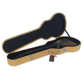 Open guitar case with black interior on a white background