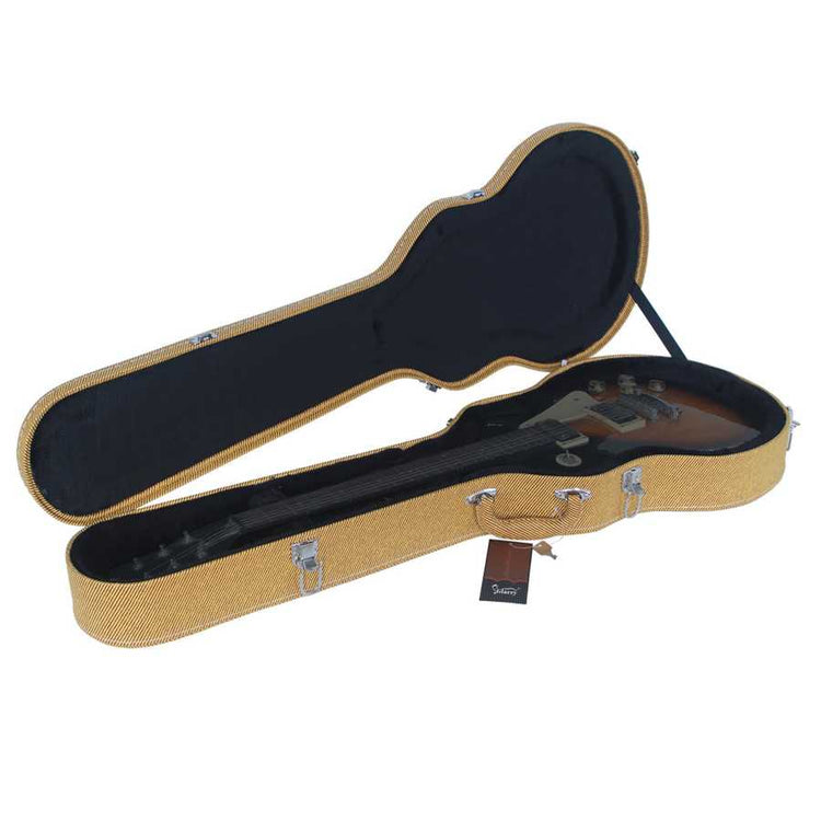 Open guitar case with black interior on a white background