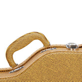 Close-up of a yellow textured suitcase handle and body on a white background