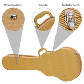Guitar case with wearproof feet, handle, and lockable latch highlighted.