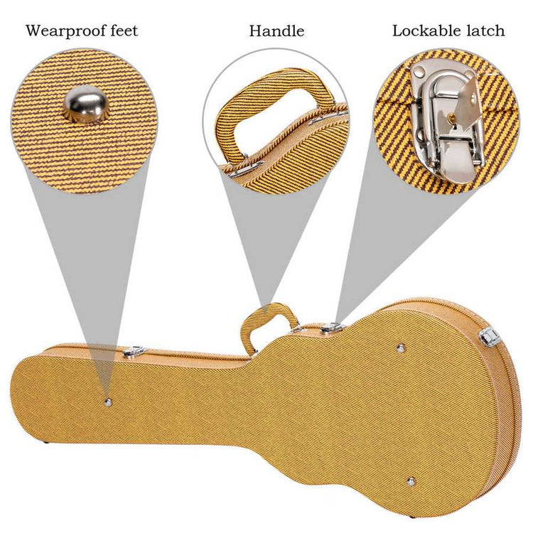 Guitar case with wearproof feet, handle, and lockable latch highlighted.